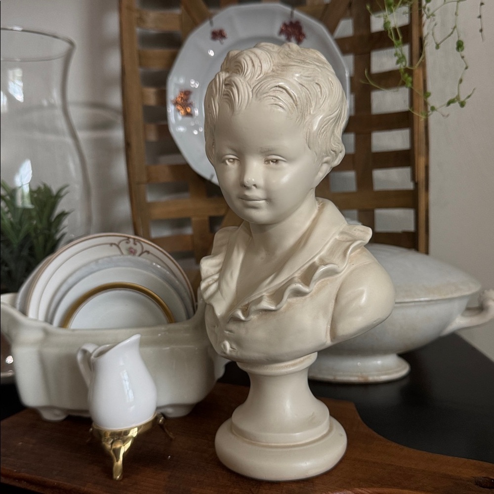 Vintage Ceramic Boy Bust Sculpture in Cream